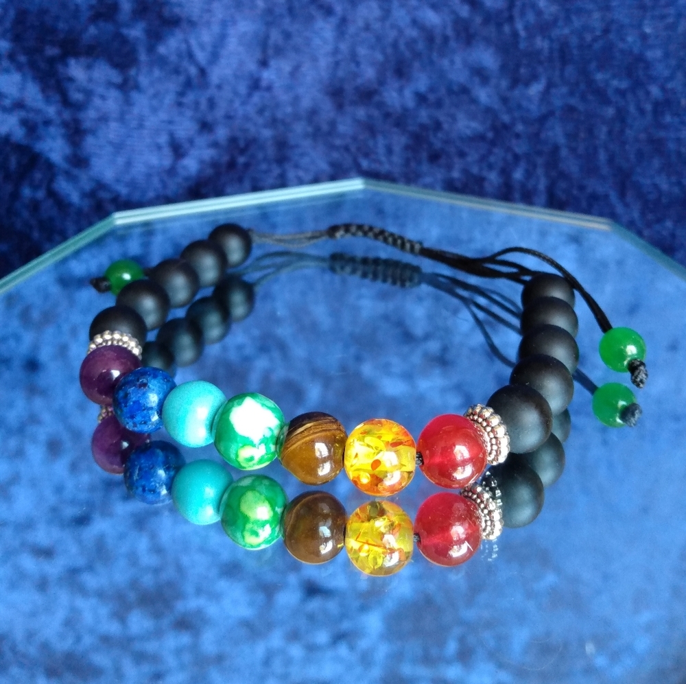🌈 Multicolor 💙 CHAKRA 💜 Agate Bead Bracelet ❤️ Adj Nylon String UNISEX 🧡